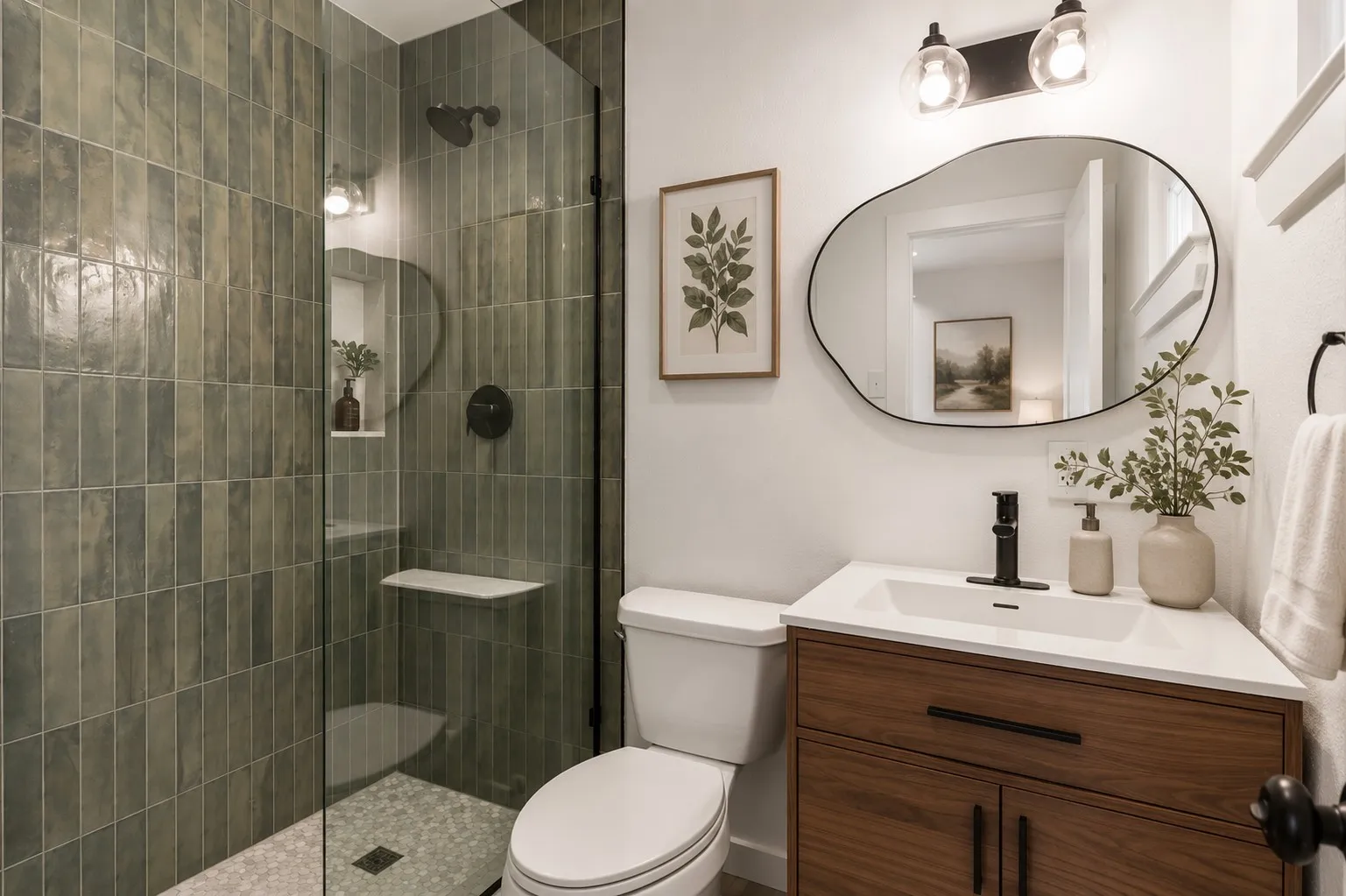 A frameless glass shower showcases elegant artisan-inspired green title extending floor to ceiling, creating a calming, spa-like retreat. The warm walnut vanity adds rich natural character and contrasts beautifully with the sleek white quartz countertop and contemporary vessel-style sink. Matte black fixtures, an organically shaped designer mirror