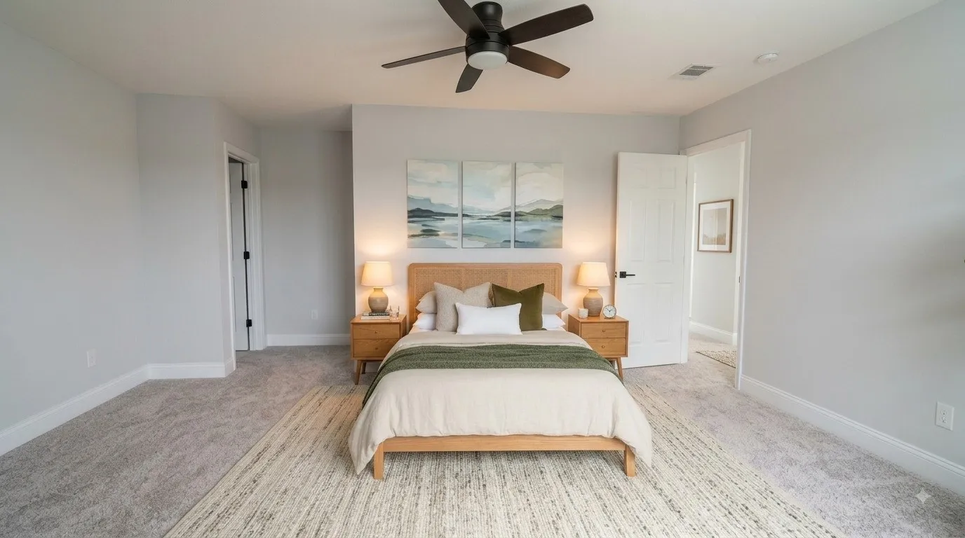 Ceiling fan, wall-to-wall carpeting, white interior doors, and neutral wall paint