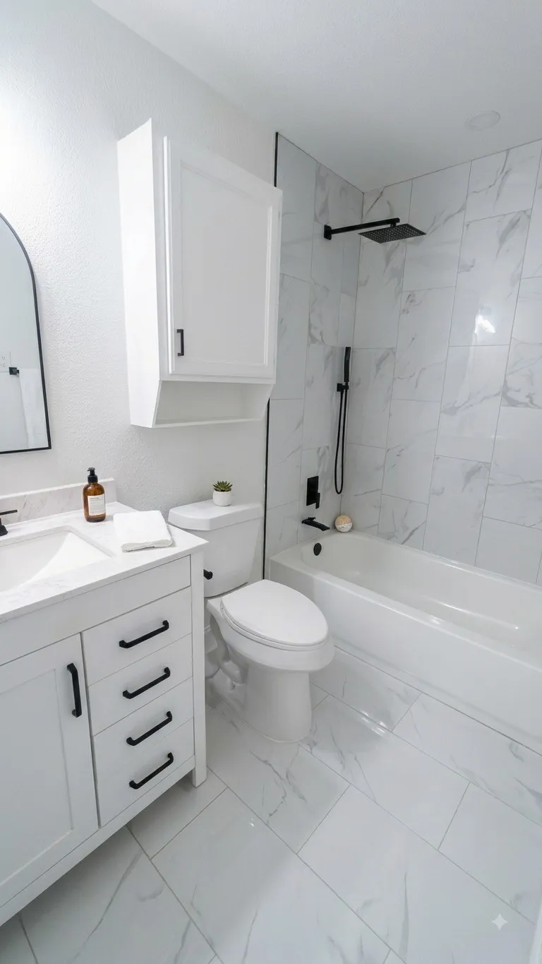 White vanity with black hardware, integrated sink, and white countertop