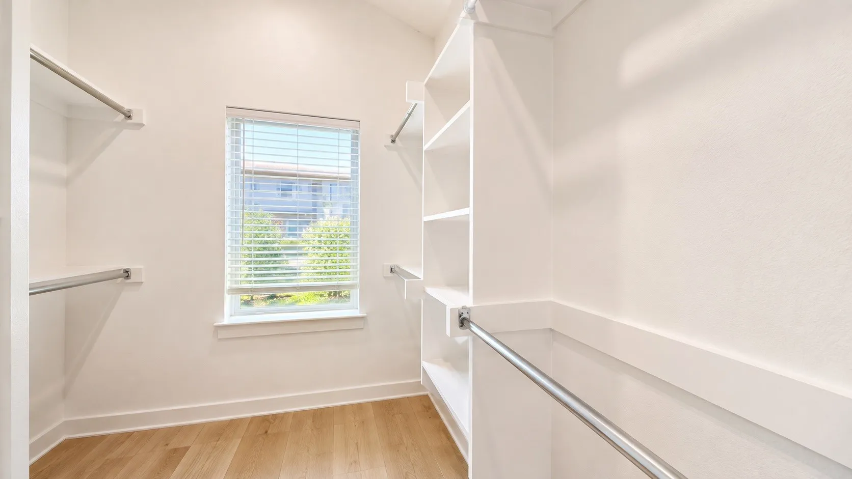 Spacious walk-in closet featuring light wood-finish flooring and multiple shelving units