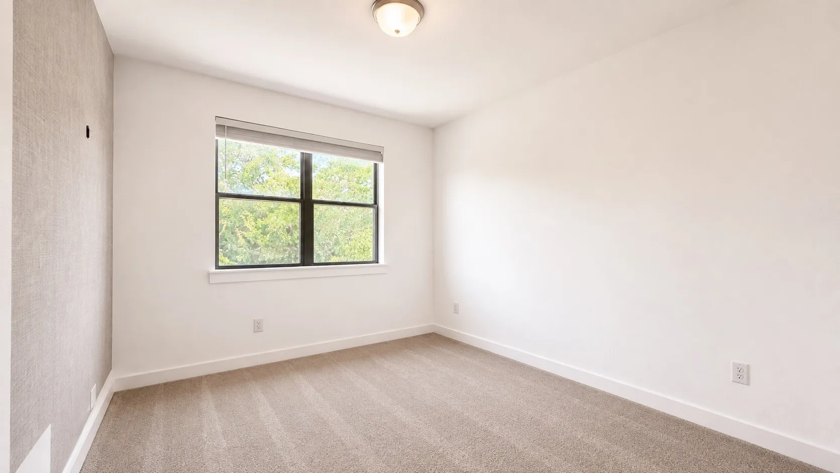Interior room featuring a large window with exterior scenery, light-toned carpeting, white baseboards, and a flush mount ceiling light fixture