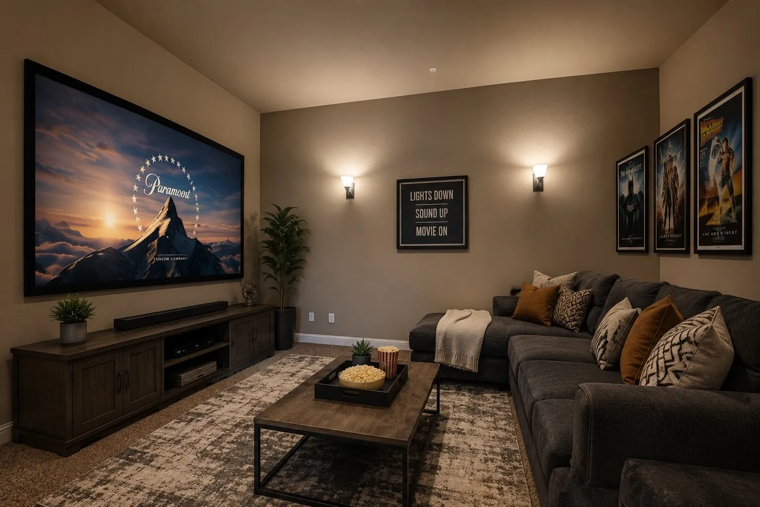 Digitally staged. media room