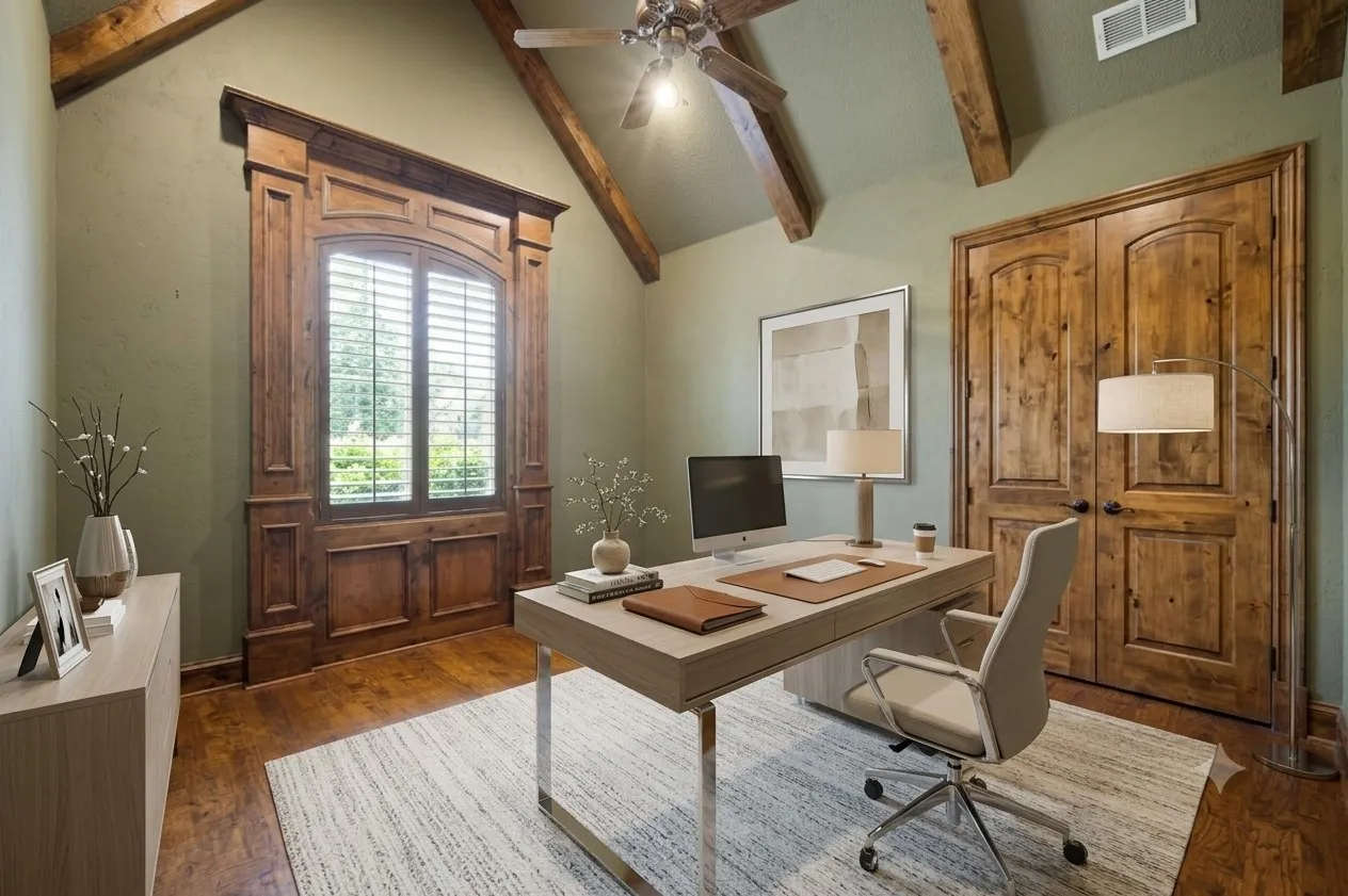 Virtually staged. Arched window with plantation shutters and custom wood trim