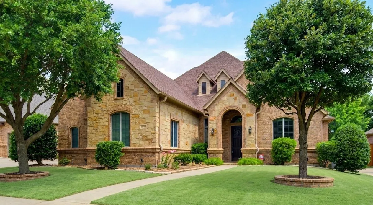Elegant brick and stone residence featuring a steeply pitched roofline with multiple gables, arched entryway, and symmetrical facade