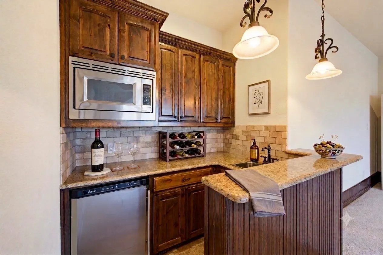 Virtually staged. 2nd level Built-in wet bar featuring rich wood cabinetry, granite countertops, stainless steel microwave, and integrated beverage refrigerator