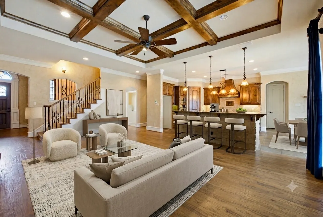 Virtually staged. Open-concept living space featuring wood-finish flooring, a coffered ceiling with exposed wood beams, and a ceiling fan