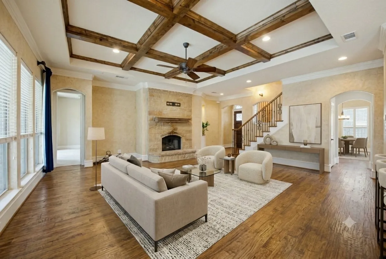 Virtually staged. Spacious living area featuring wood-finish flooring, a beamed ceiling, and a prominent stone fireplace