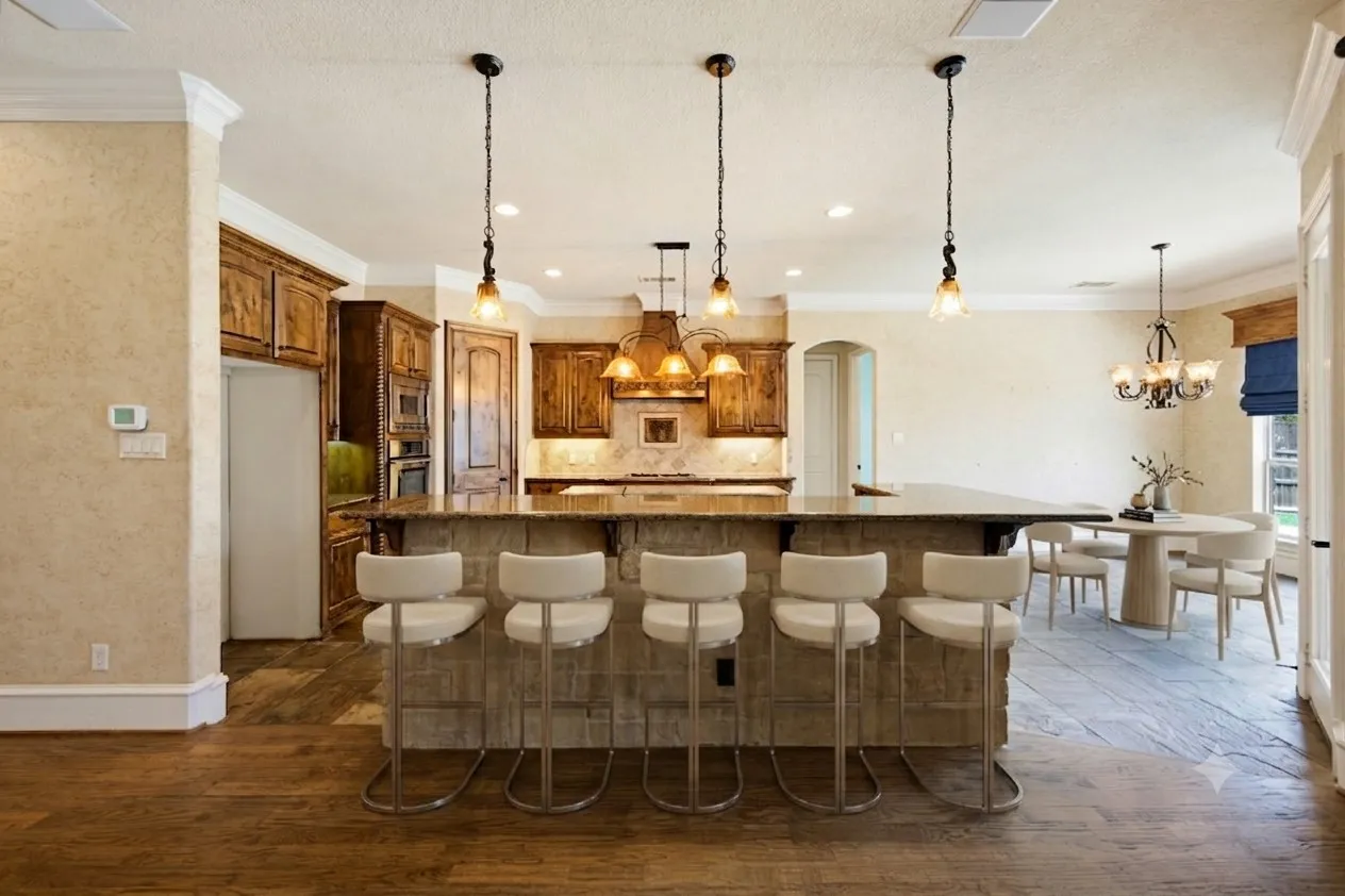 Virtually staged. Spacious kitchen featuring an expansive island with pendant lighting, rich wood cabinetry, integrated appliances, and wood-finish flooring