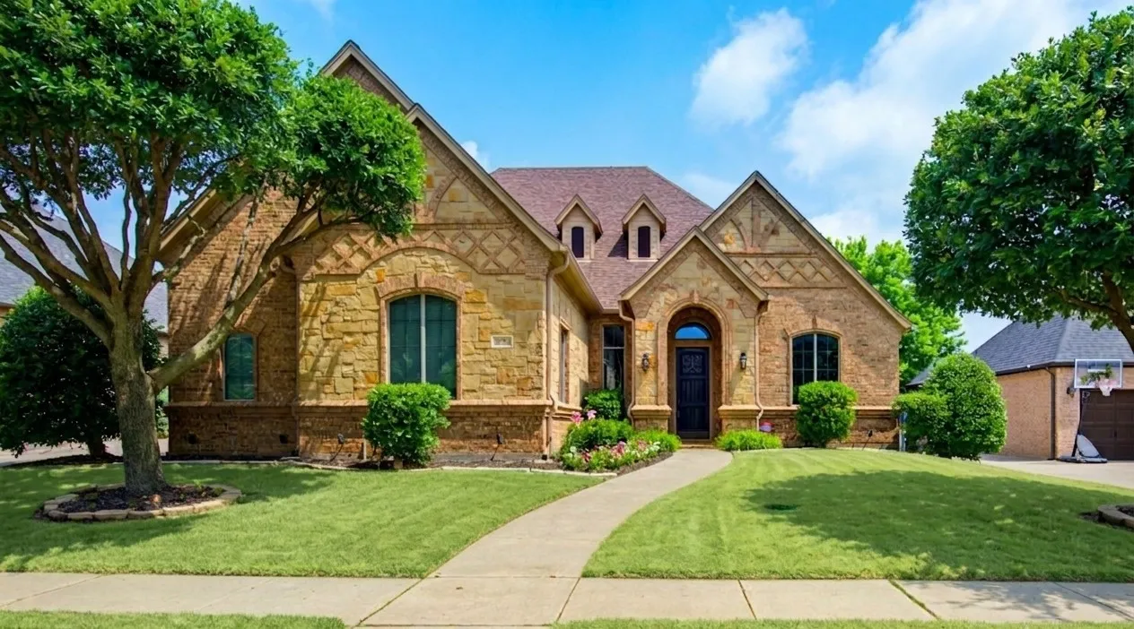 Elegant brick and stone residence featuring a distinctive peaked roofline with arched entryways, green shutters, and professional landscaping