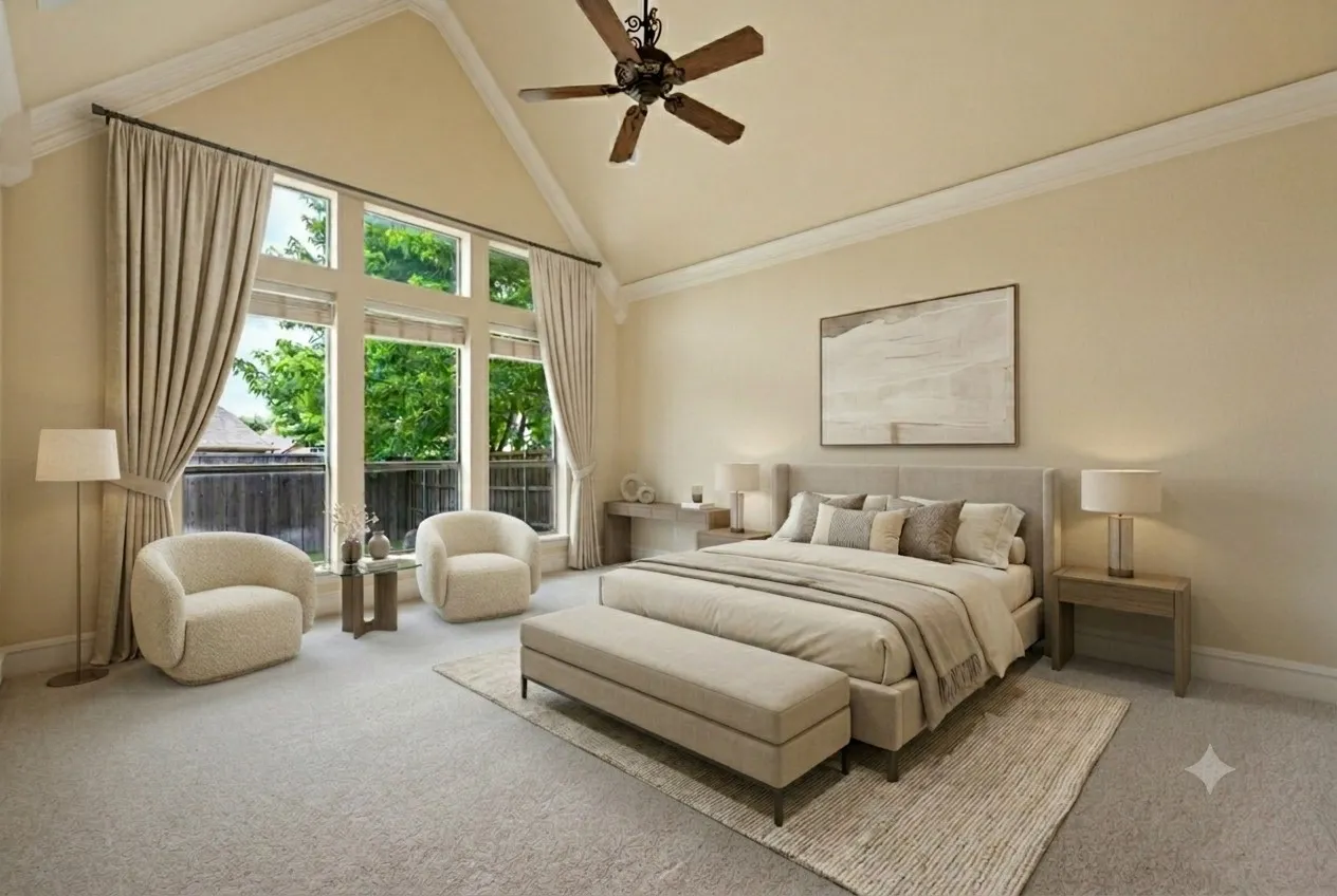 Virtually staged. Spacious primary bedroom featuring soaring vaulted ceilings with ceiling fan, expansive multi-pane glass doors and windows with custom drapery, neutral wall finishes, wood-finish nightstands, and a substantial upholstered bed frame with coordinating bench seating