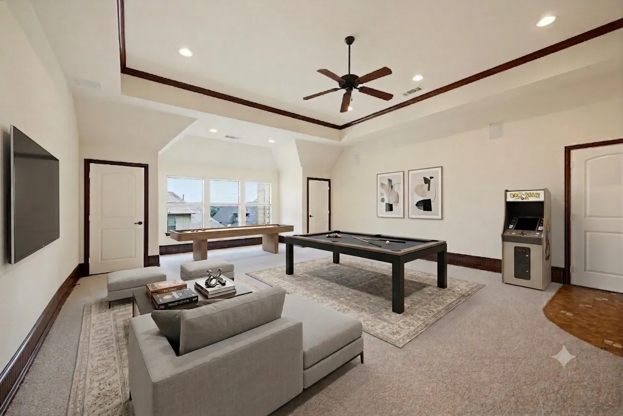 Virtually staged. 2nd floor Spacious recreation room featuring tray ceilings with a ceiling fan, recessed lighting, and wall-mounted television