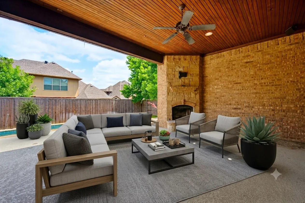 Virtually staged. Covered outdoor living space featuring a wood-panel ceiling with a ceiling fan, a brick fireplace, and a concrete patio