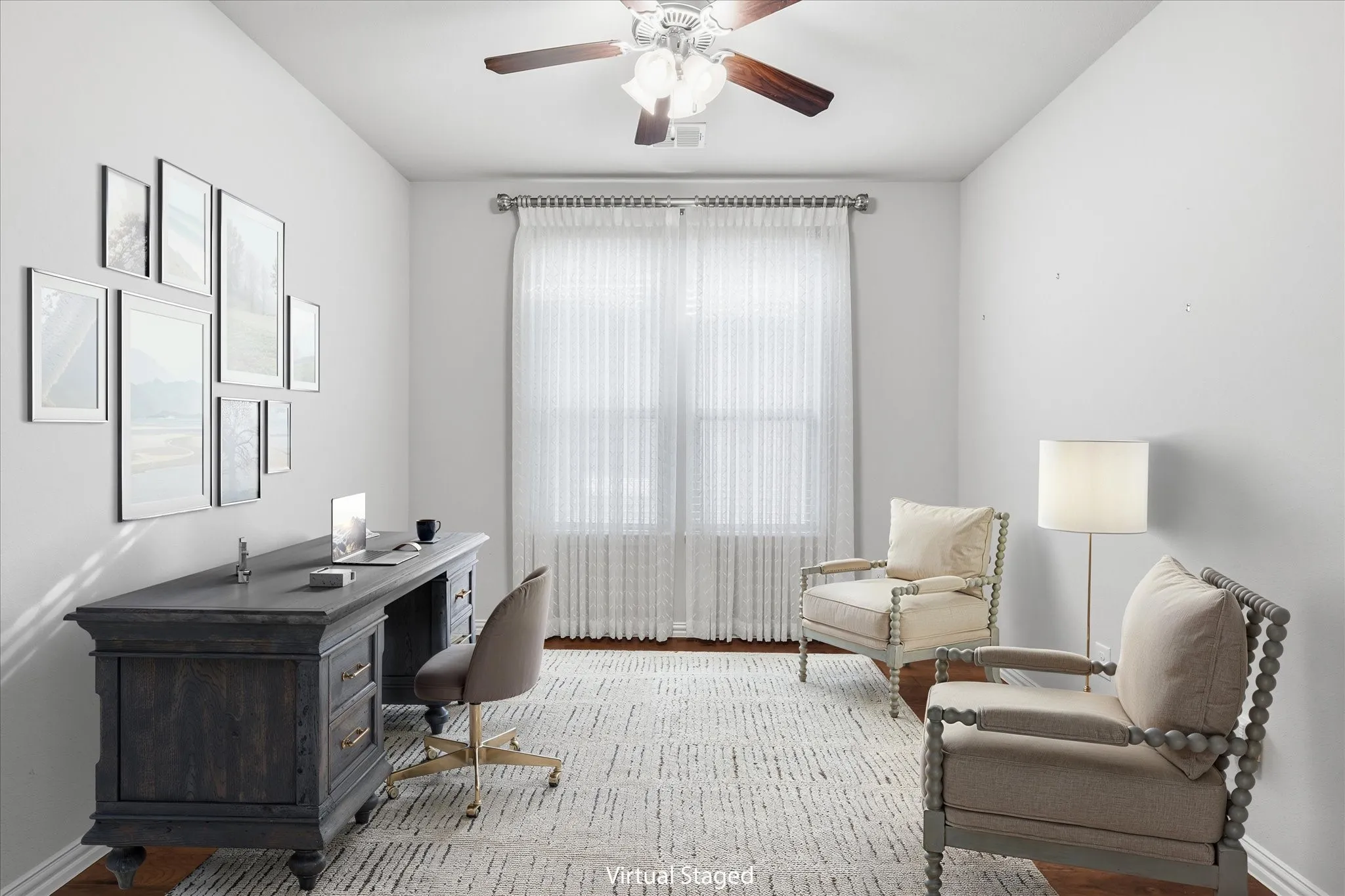 Virtually staged Recessed lighting, wood-finish flooring, ceiling fan with integrated lighting, and a window with curtain rod and sheer drapery