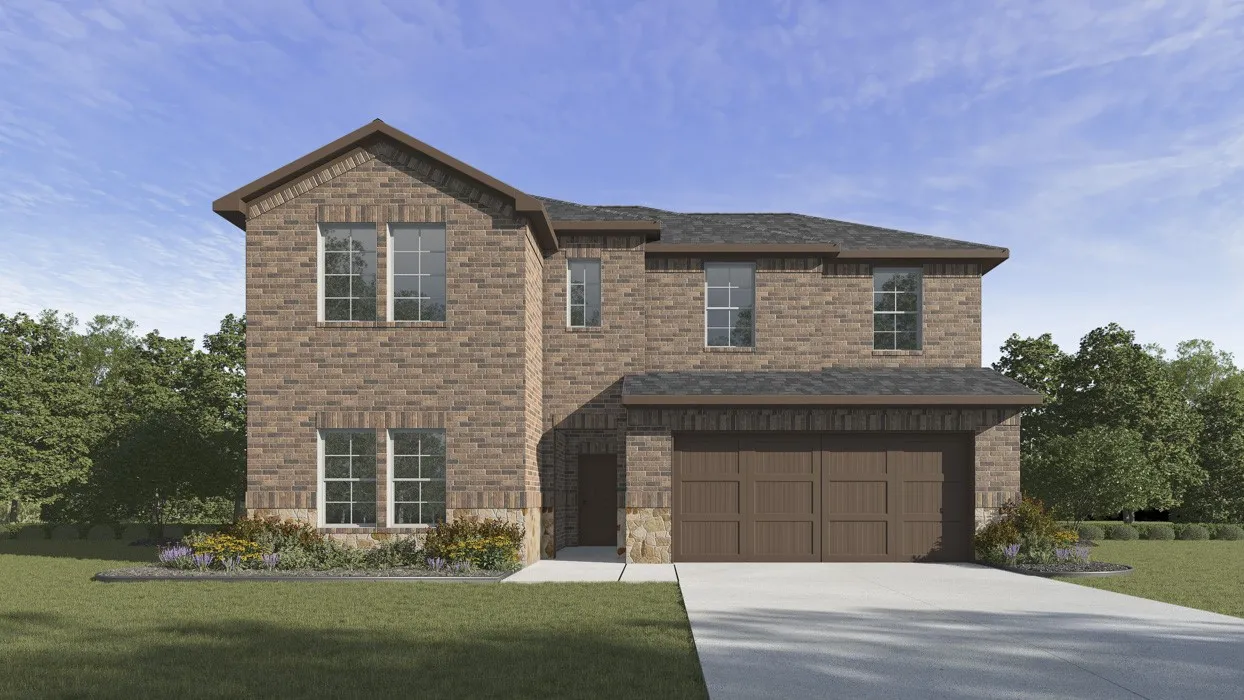 Striking two-story brick residence featuring a gabled roofline, multi-pane windows with dark trim, and a three-car attached garage with dark panel doors
