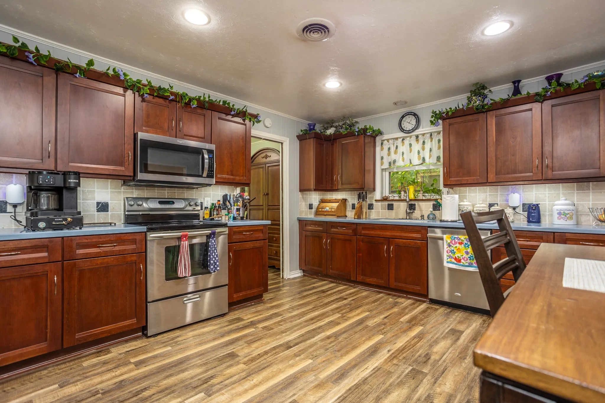 Lots of cabinet space for work space on counters.  Electric stove and built in microwave.