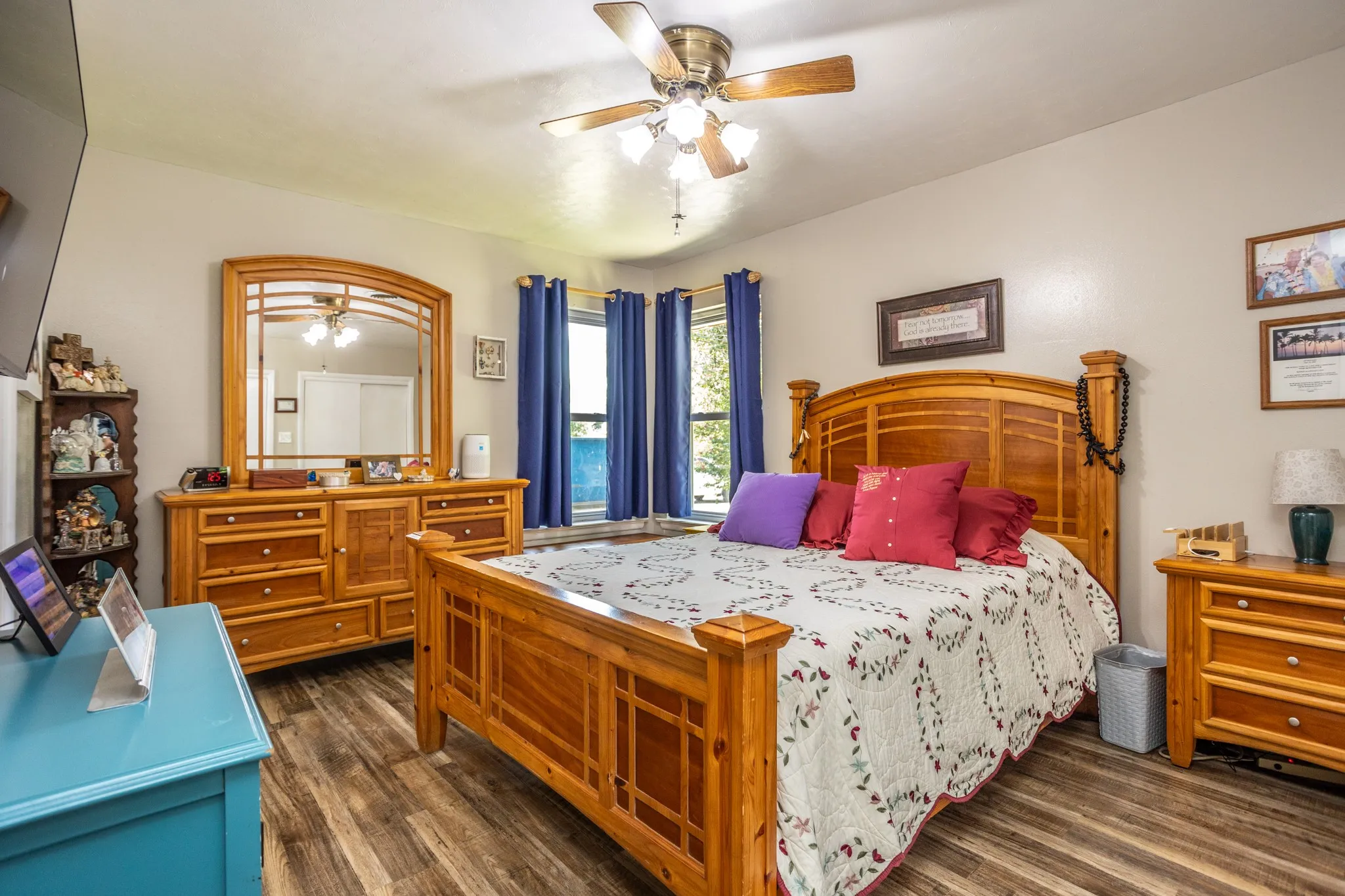 Master bedroom designed for wall space for bed, dresser and chest.