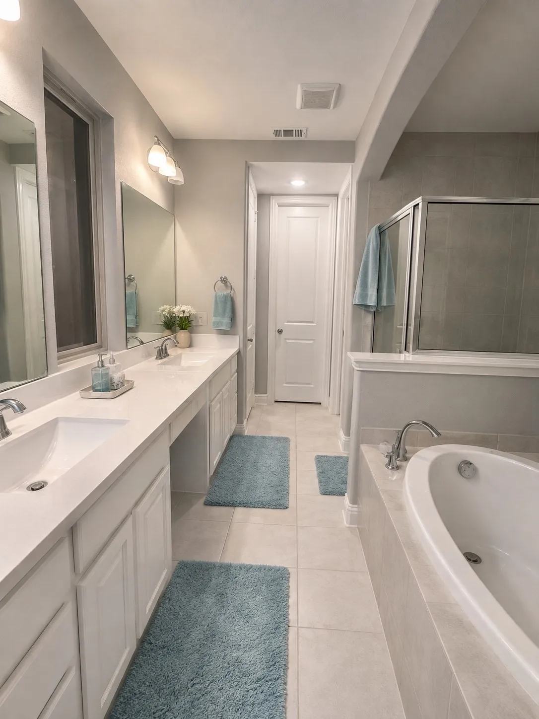 Dual vanity with undermount sinks, freestanding soaking tub, enclosed shower with glass door, tiled flooring, and neutral wall tones