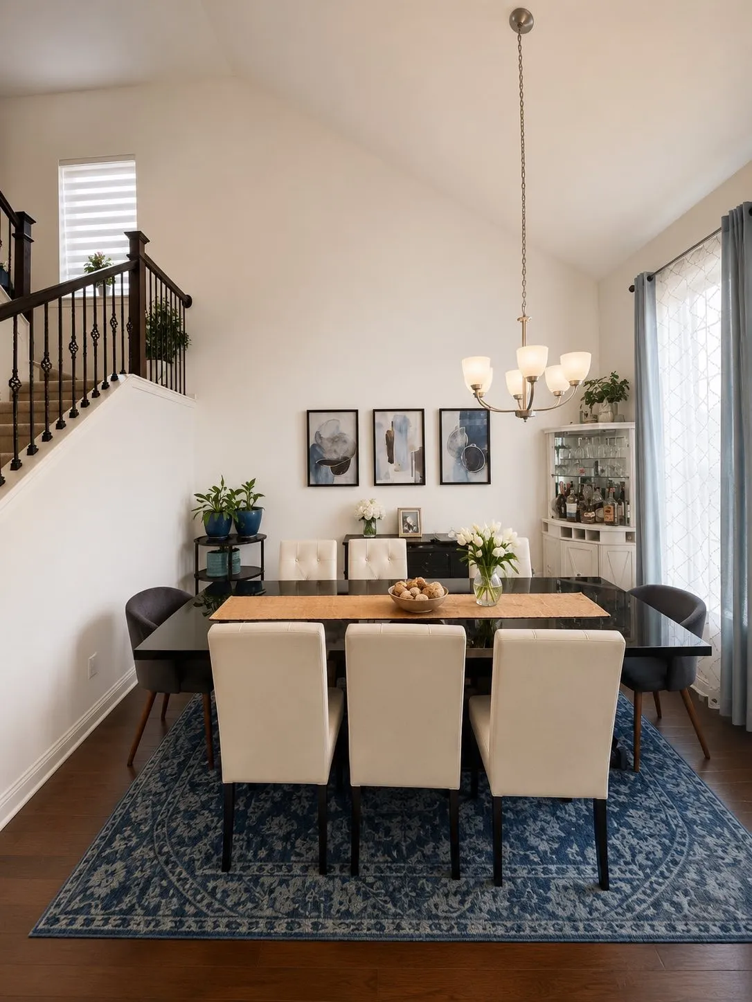 Vaulted ceiling, wood-finish flooring, staircase with wrought iron balusters, chandelier lighting, built-in display cabinet