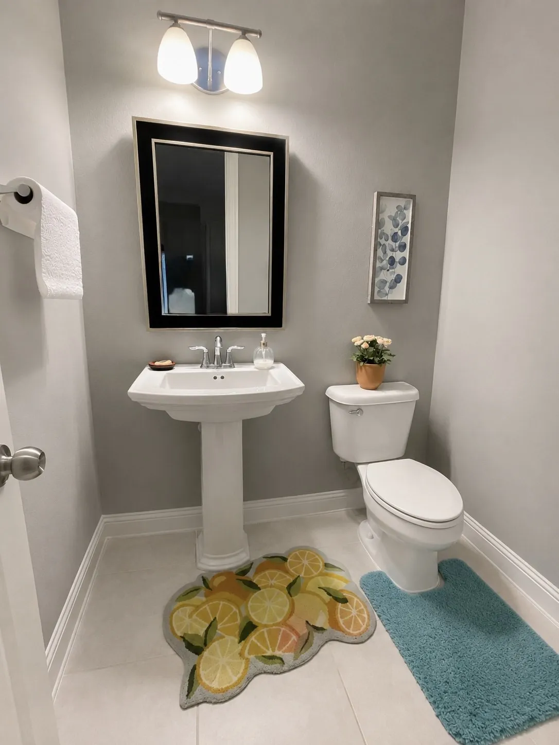 Pedestal sink with chrome faucet, framed mirror, and two-light vanity fixture