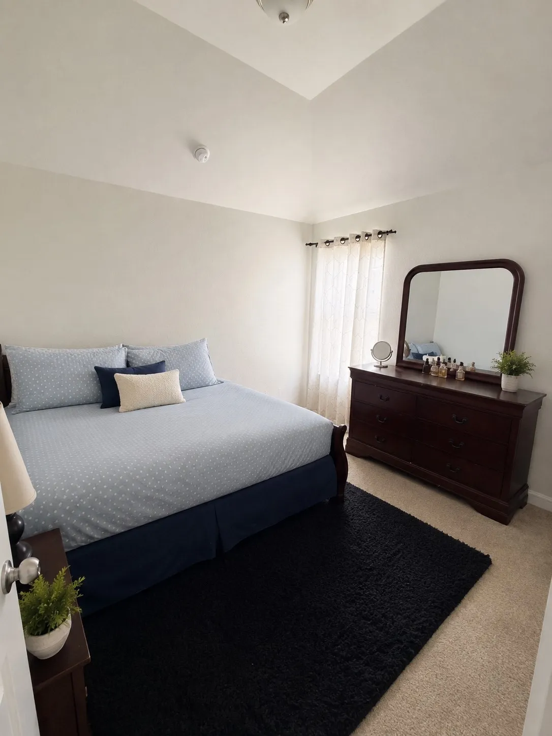 Vaulted ceiling with flush-mount lighting, wall-to-wall carpeting, and window with curtain rod