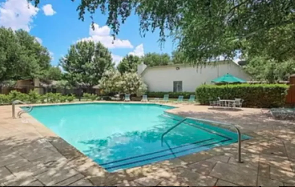 Rectangular swimming pool with integrated steps, concrete paver surround, and adjacent privacy hedge