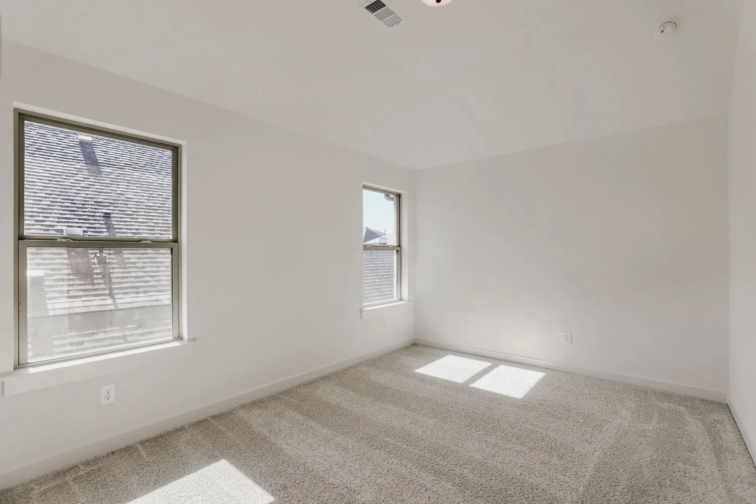 Neutral wall paint, carpet flooring, and multiple windows