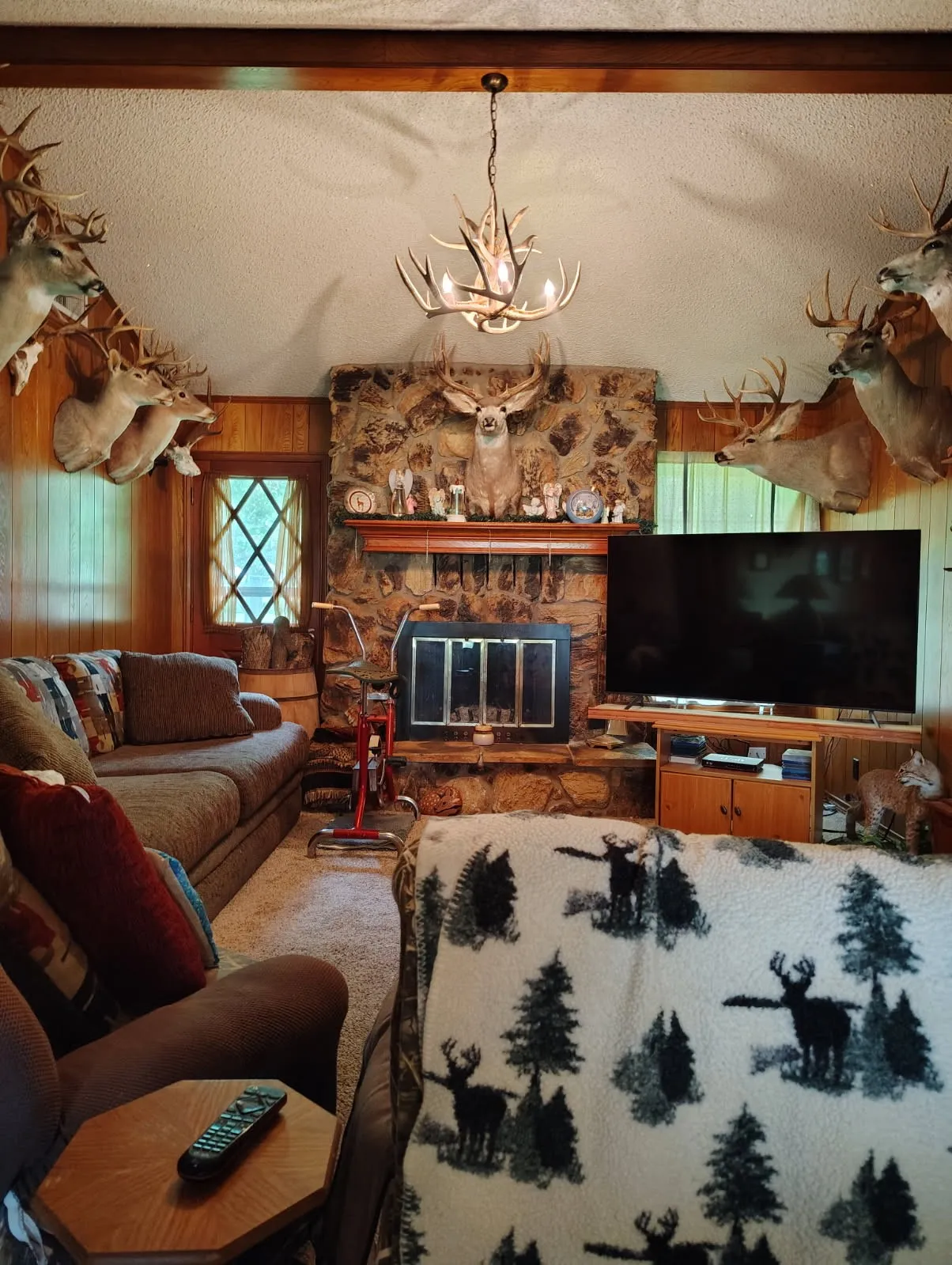 Living space featuring a stone-clad fireplace with a wood mantel, a built-in firebox, and wood-finish wall paneling