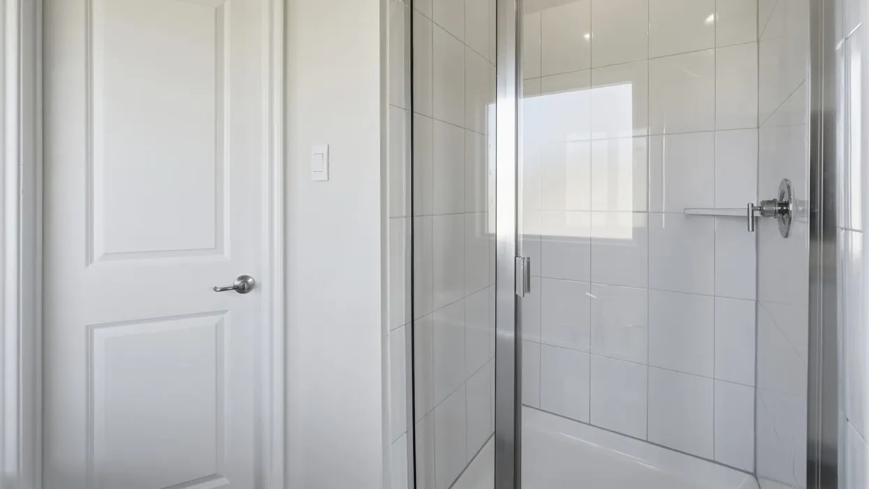 Modern bathroom featuring a frameless glass shower enclosure with chrome hardware, white subway tile surround, and a clean white door entry