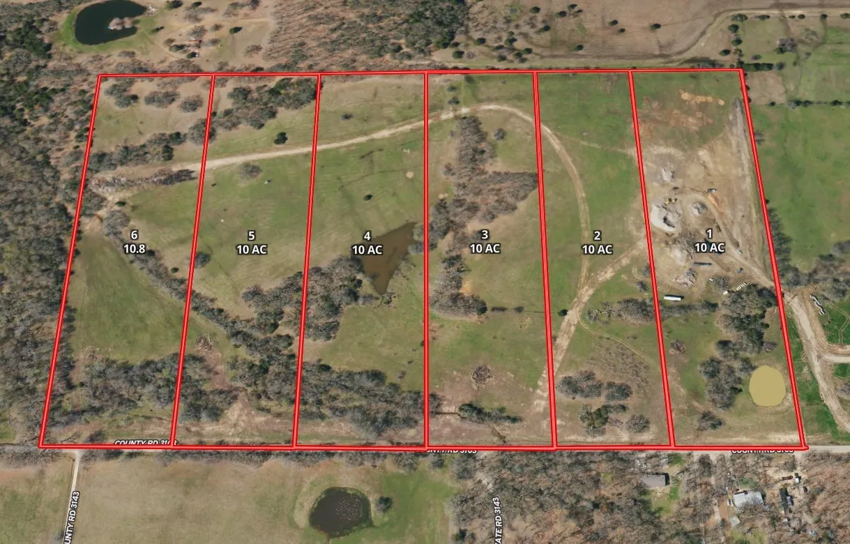Aerial Property Survey. Depicting the property divided into six parcels with marked boundaries and acreage designations