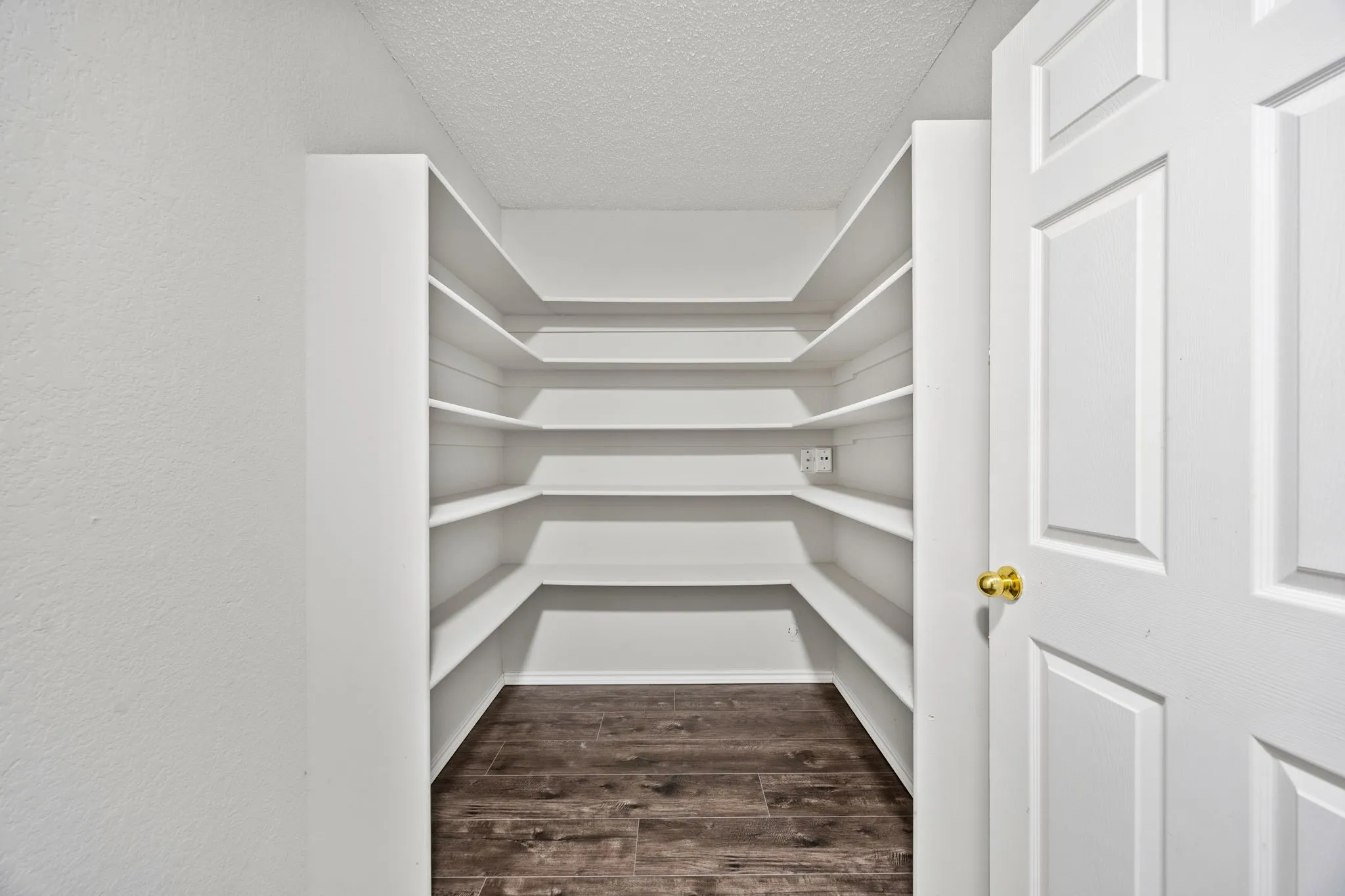 Spacious walk-in closet featuring built-in shelving with multiple tiers, wood-finish flooring, and bright overhead lighting