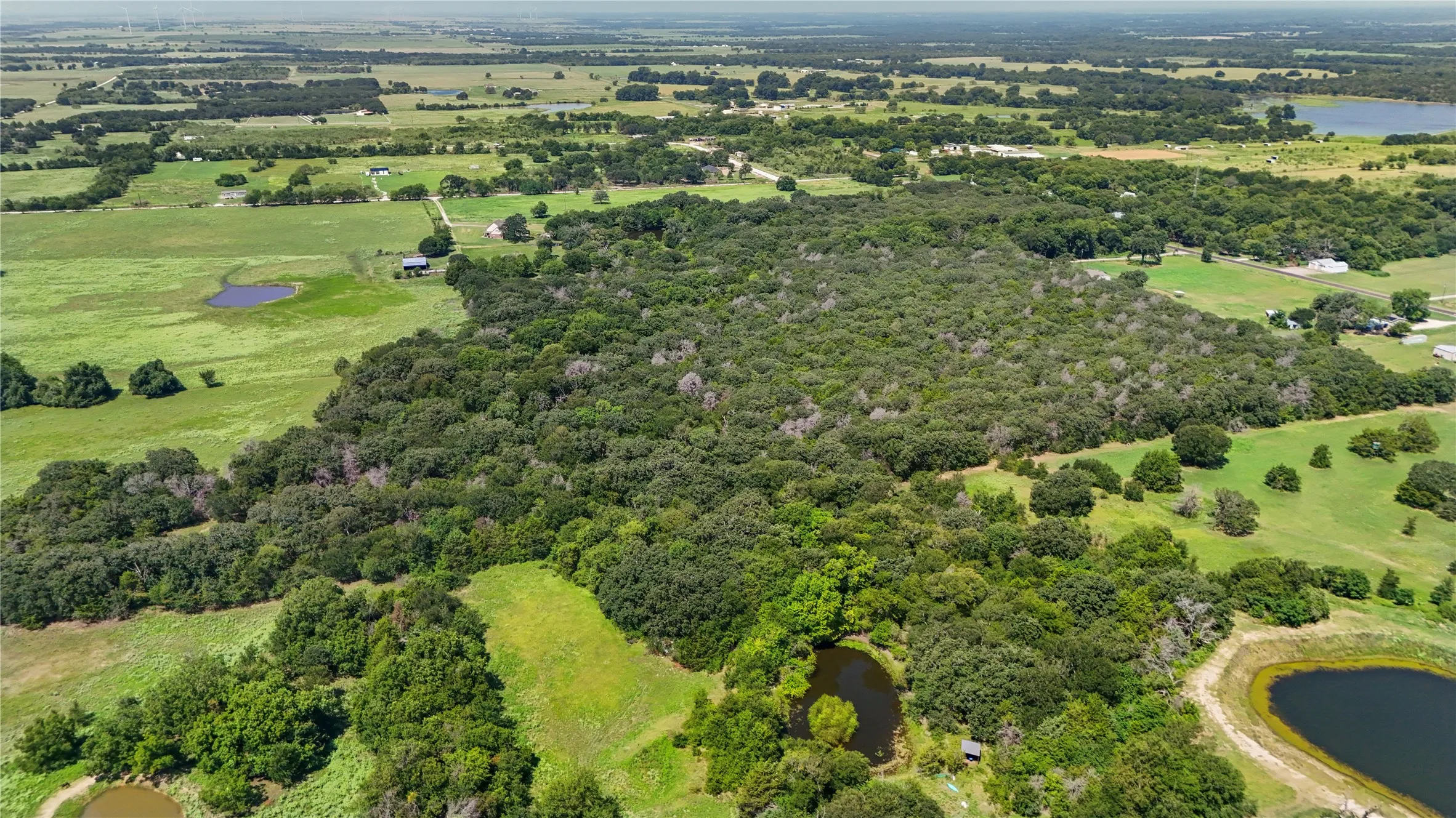 Expansive rural property featuring mature woodland conservation area with multiple cleared pasture sections, natural water features including ponds, and open grassland parcels