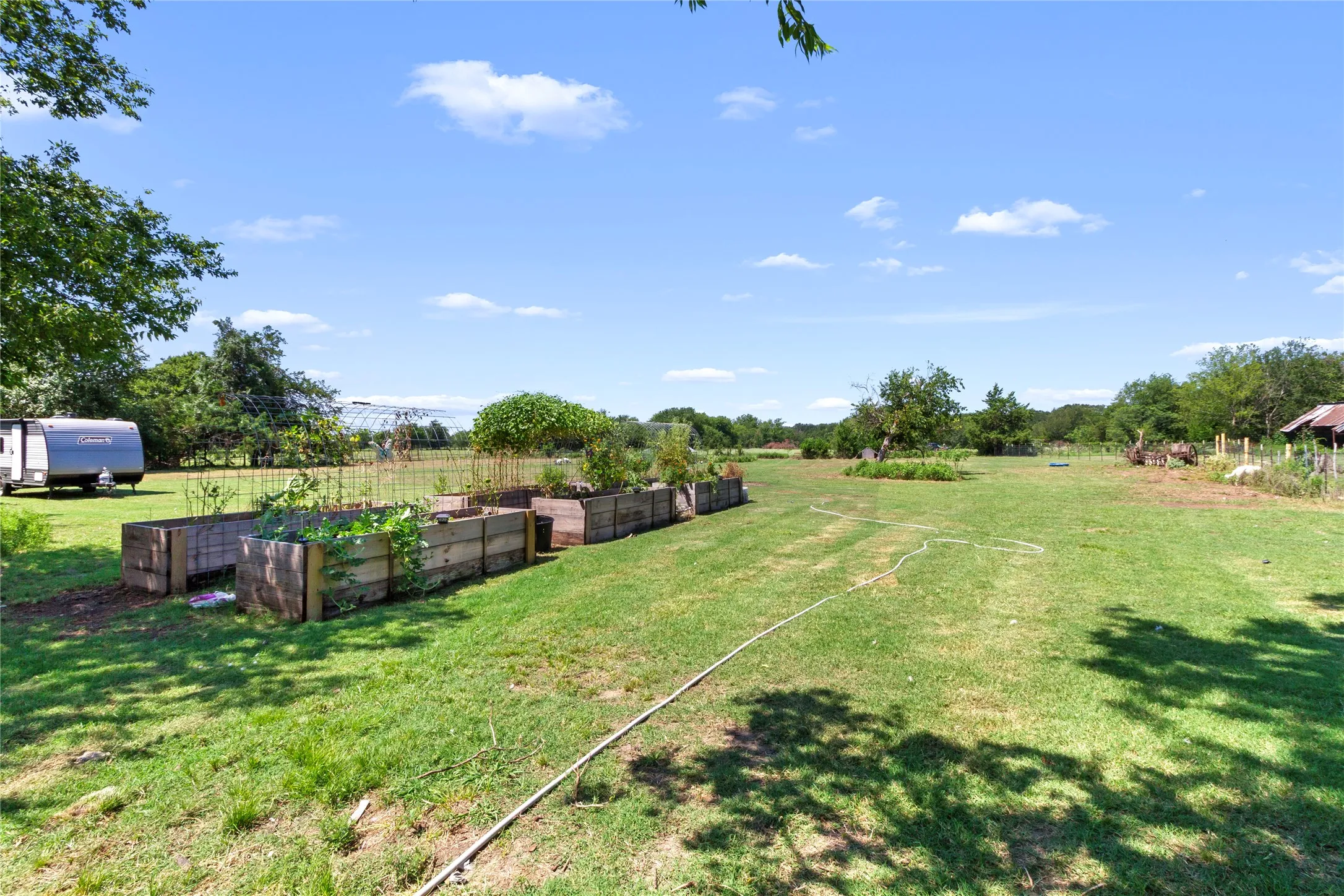 T Expansive grounds featuring mature landscaping, established shade trees, and open pasture land
