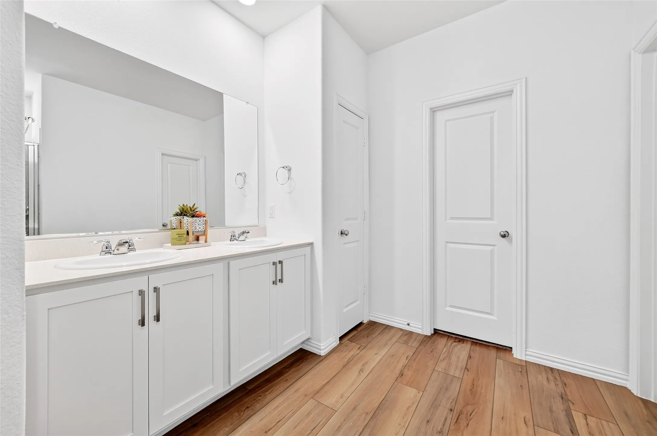 Another view of the Primary bathroom showing the double vanity and the door to the walk-in closet