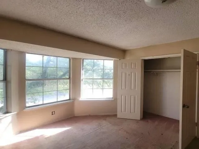 Bright, naturally lit bedroom featuring expansive multi-pane windows with countryside vistas, neutral carpeting, and direct access to a spacious walk-in closet with hanging rod and shelving