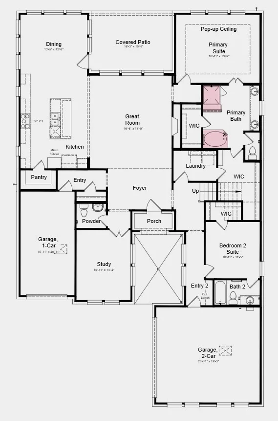 Additional Highlights Include: wrapped kitchen island, 2-story fireplace tile surround in great room, and drop-in tub at primary.