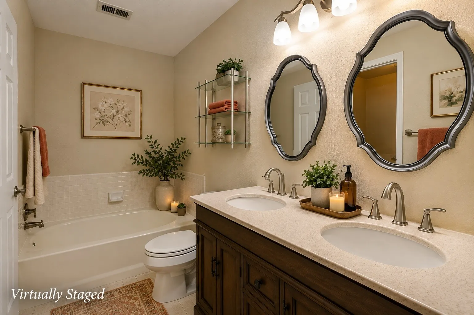 This bathroom is tile with a soaking tub and a walk-in shower on the other end.