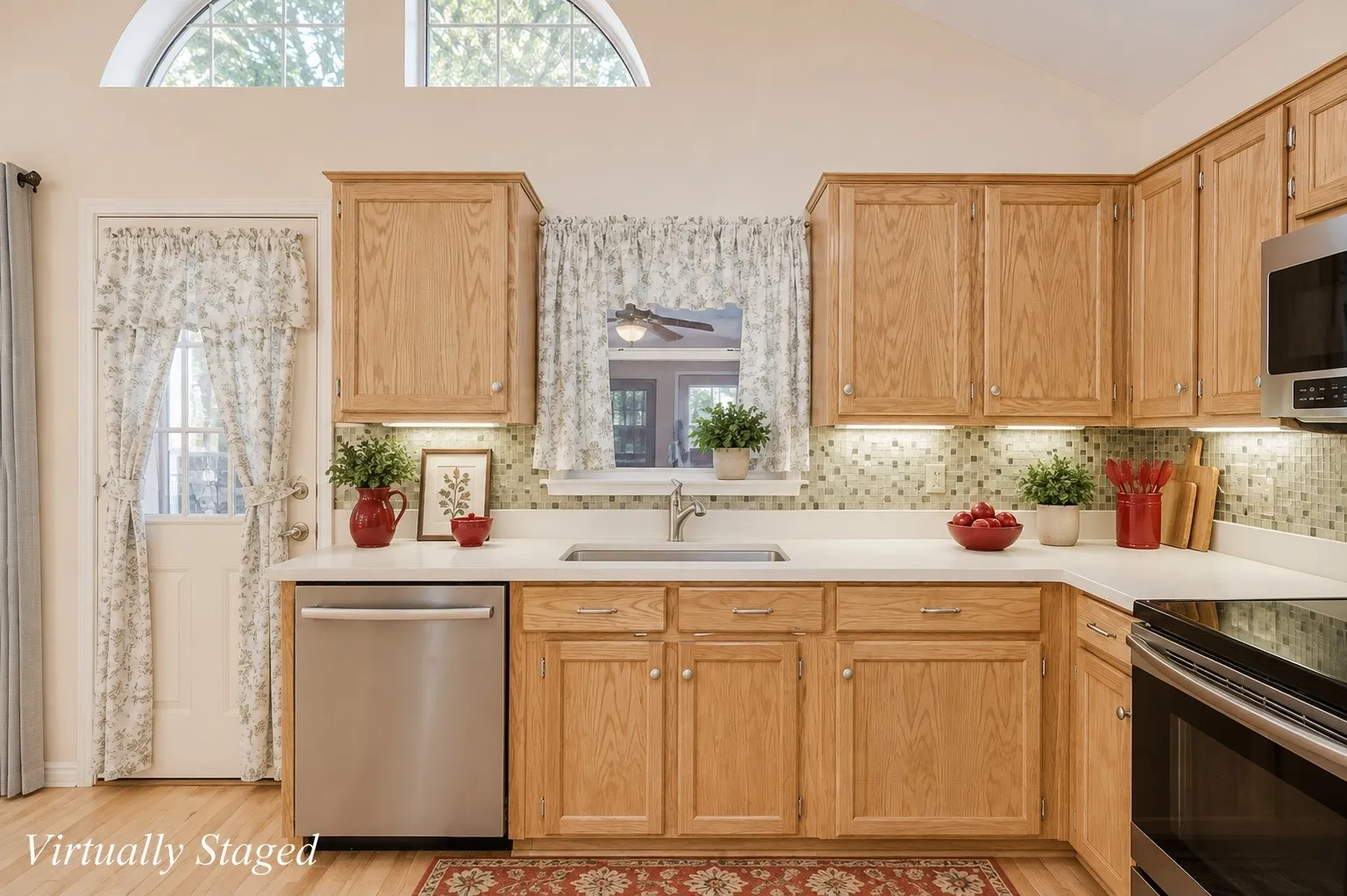 The kitchen is spacious with an island