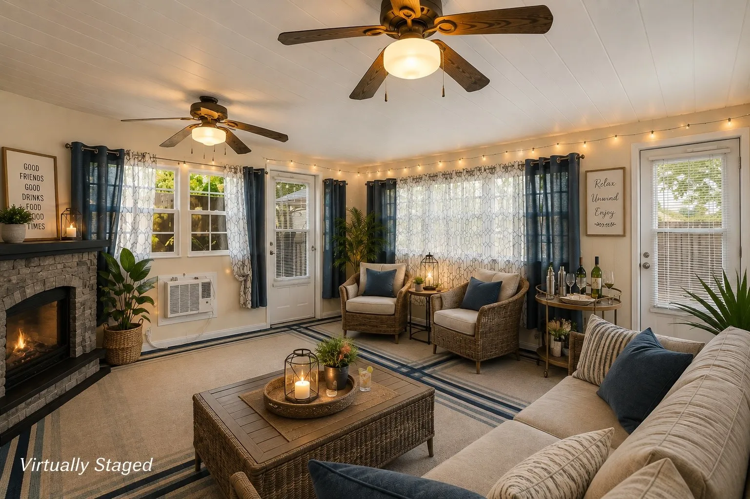 Enclosed patio with fireplace and AC, a beautiful place to spend an afternoon.