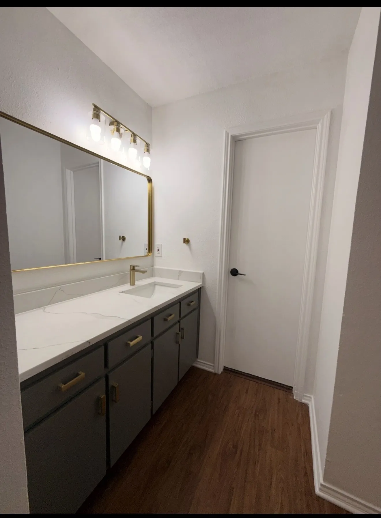 Elegant primary bathroom featuring a double-sink vanity with dark cabinetry, brass hardware accents, and a quartz countertop