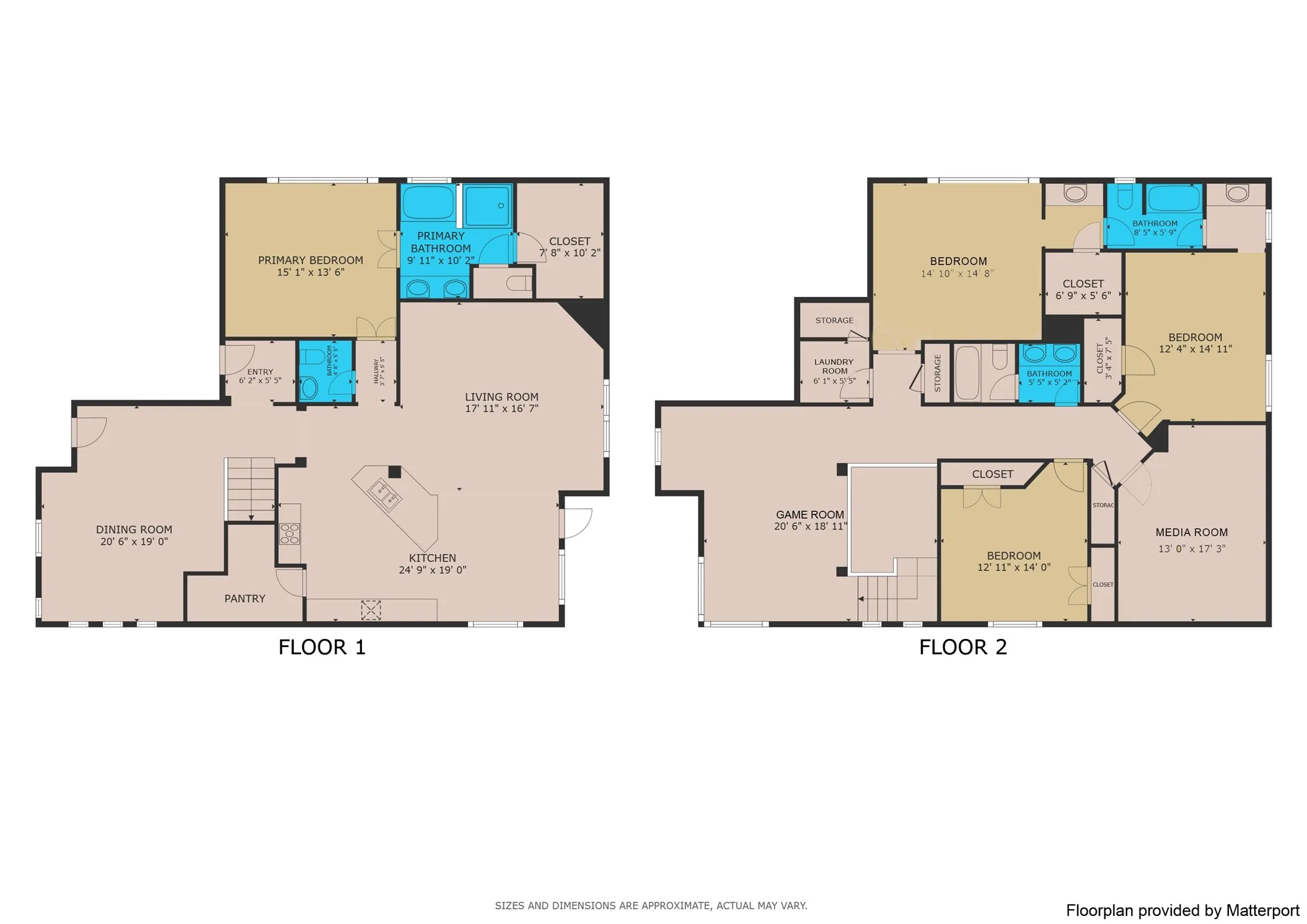 Primary bedroom down with a second living room, 3 bedrooms, media room and laundry room up.