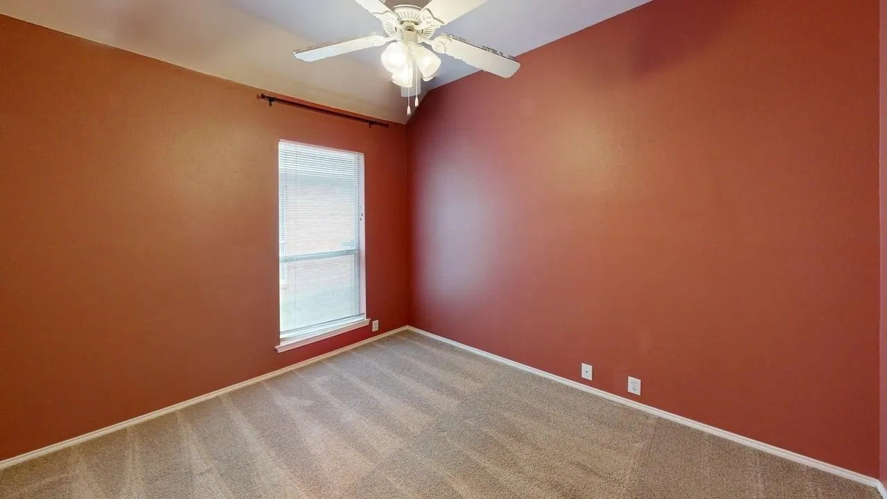 Carpeted room featuring a ceiling fan with light fixture, high ceilings, a single window, and terracotta-toned walls with white trim