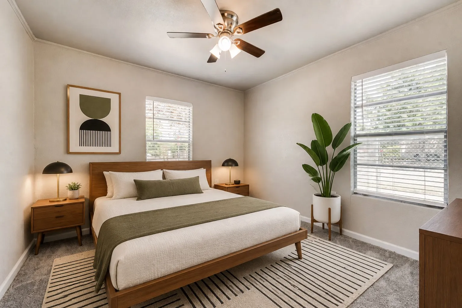 Bedroom featuring a ceiling fan with integrated lighting, two windows with horizontal blinds, and neutral-toned walls