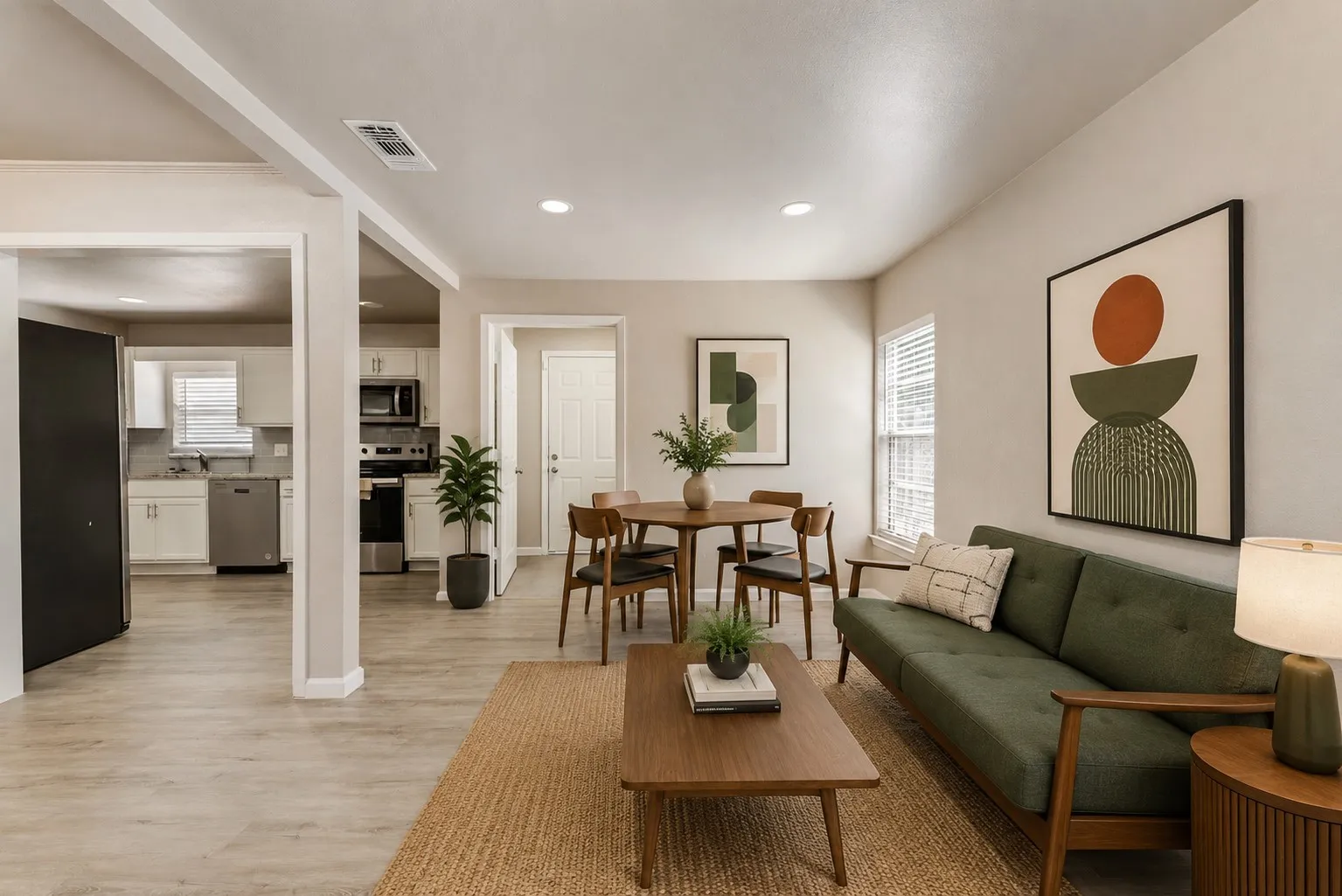 Light-filled living area featuring recessed lighting, wood-finish flooring, and white window blinds