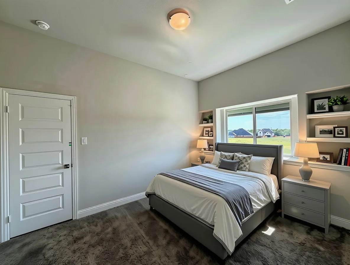 Bed 2 with built-in shelves, vaulted ceilings, and large closet under stairs