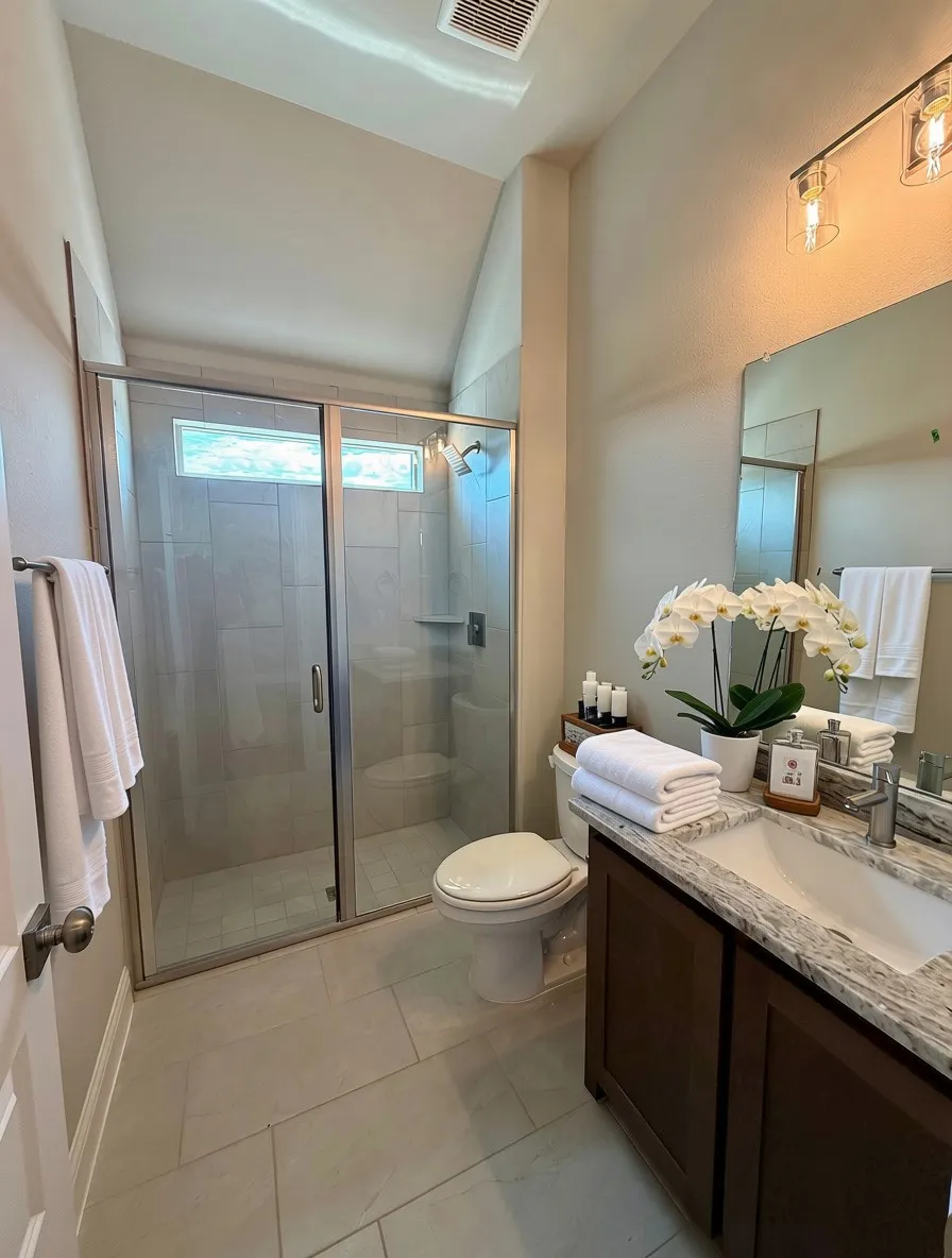 Walk-in shower in downstairs bath 2, 12 x 24 tile, and Fantasy Brown granite counters