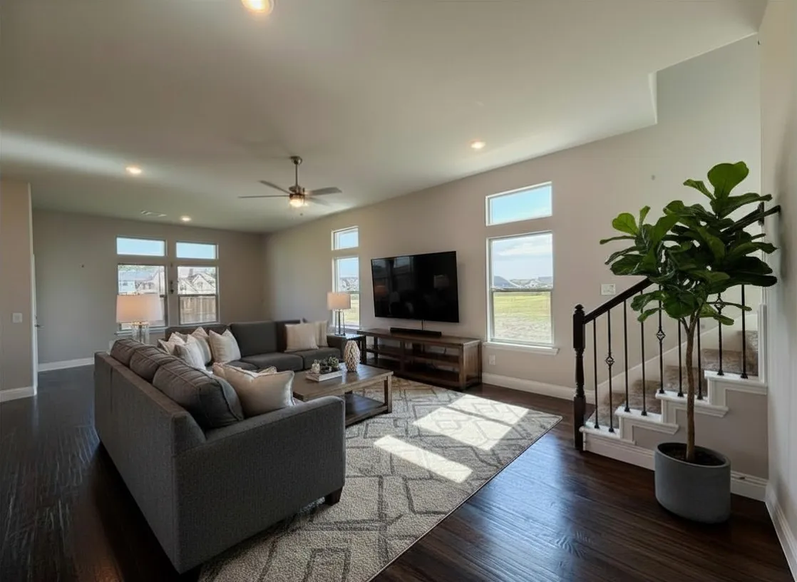 Massive family room with rich hardwood floors and lots of windows!