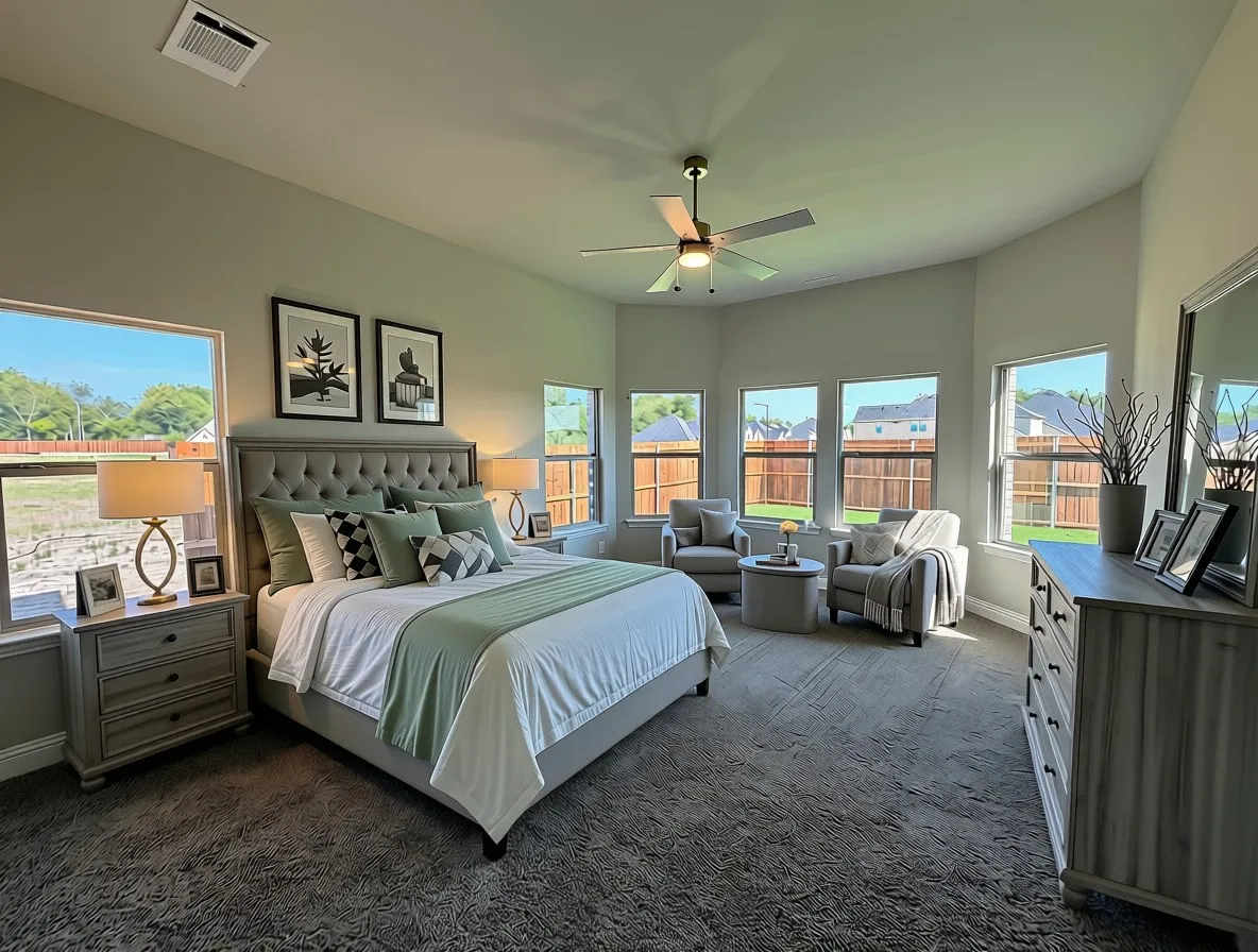 Master bedroom downstairs has vaulted ceiling, baw window, lots of windows, and ceiling fan