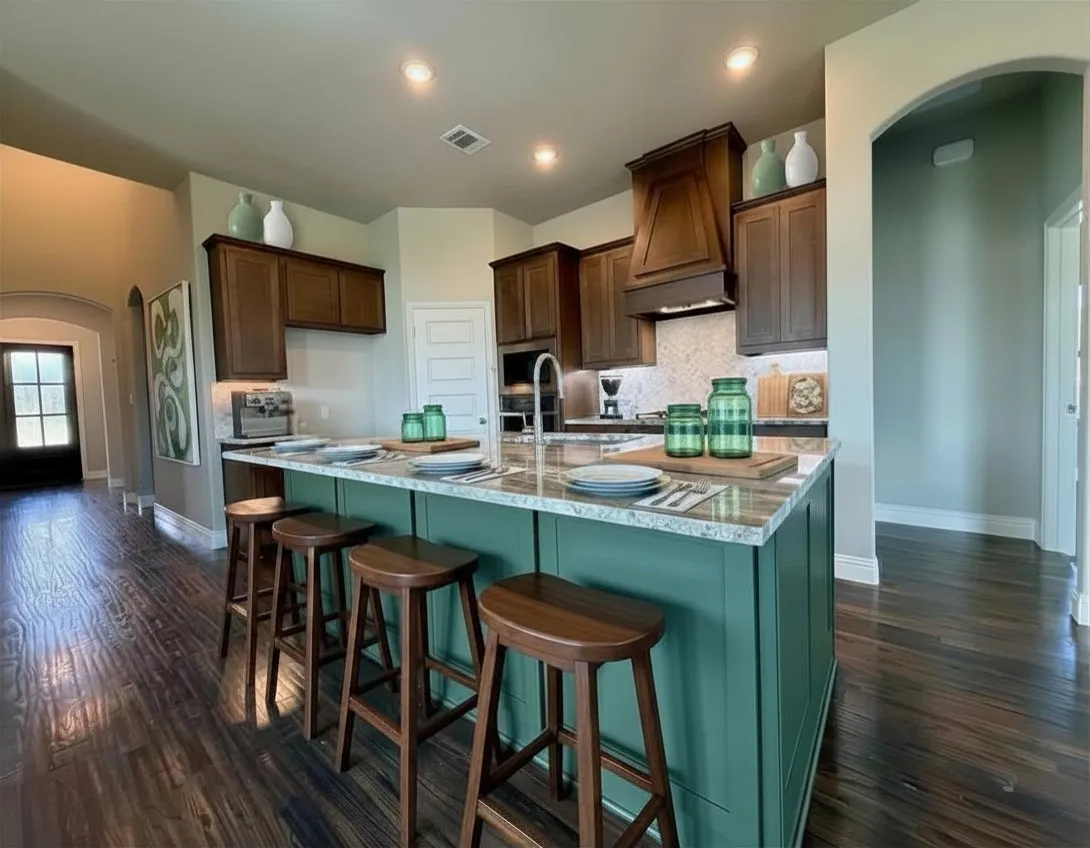 Warm kitchen with earth-tone colors and custom island that looks like a furniture piece with lots of extra cabinets for storage