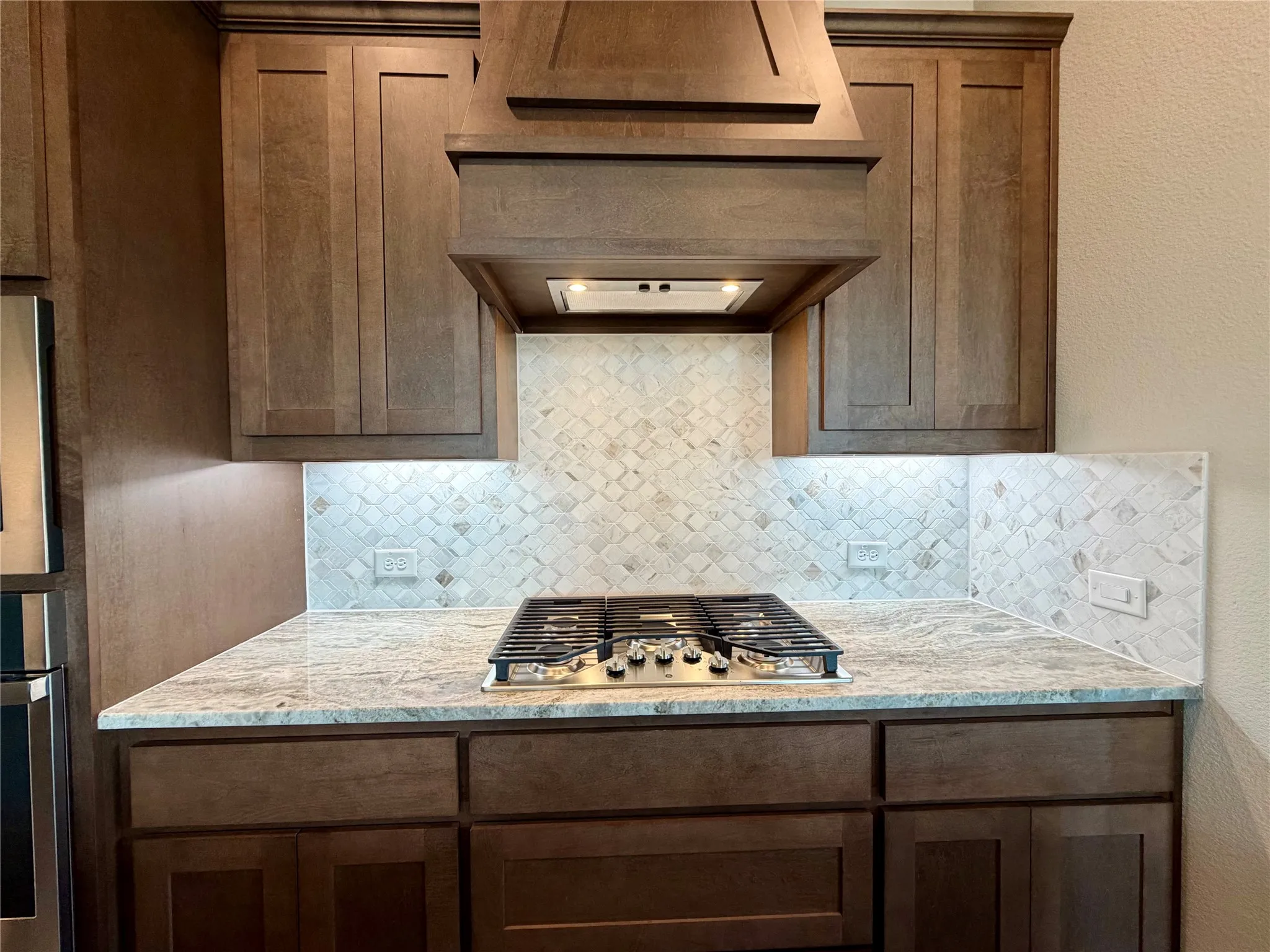 Built-in GAS 5 burner cooktop and custom cabinet vent that vents outside