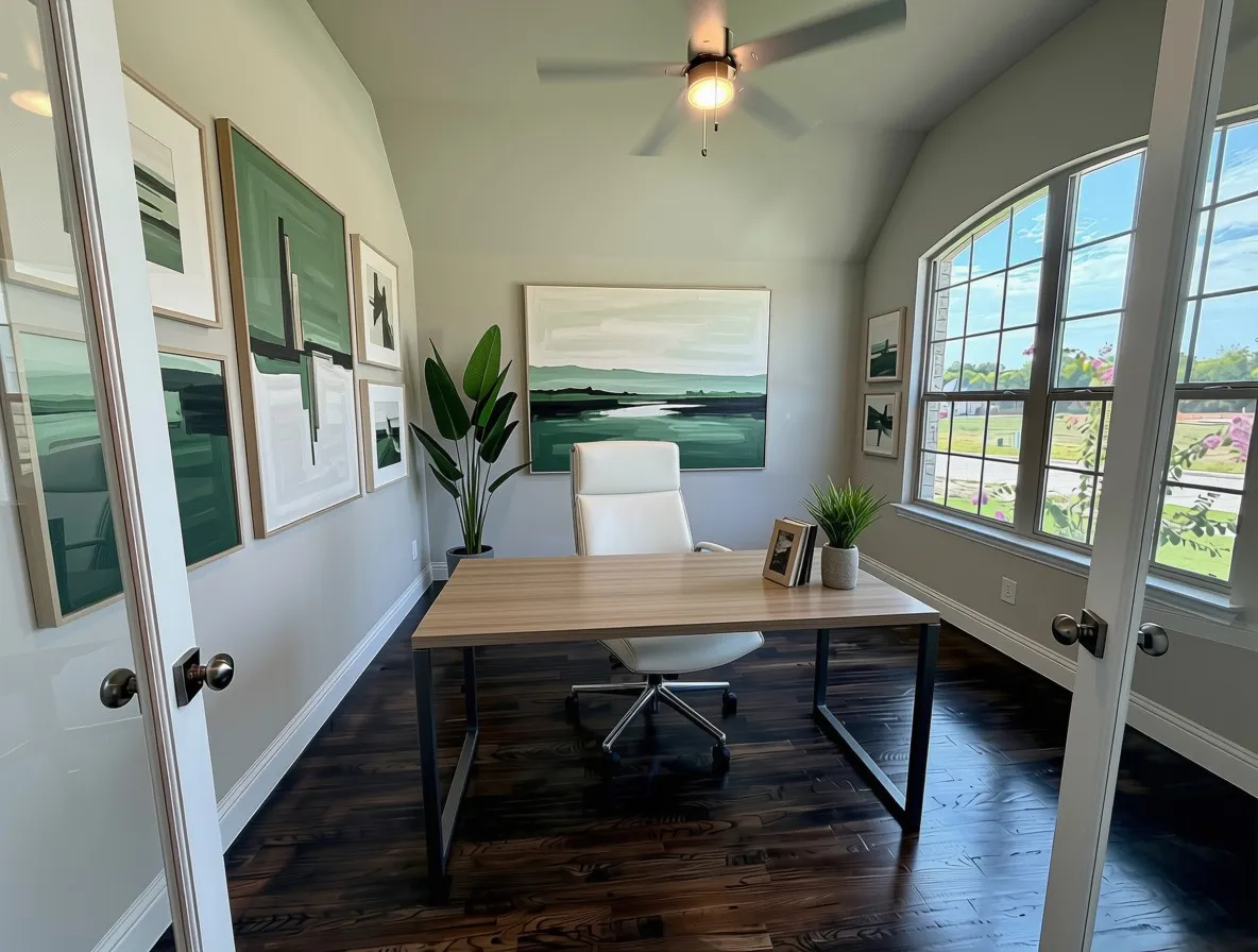 Study with hardwoods, full lite double doors, and ceiling fan